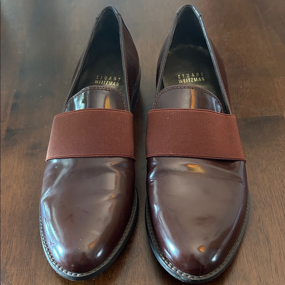 Stuart Weitzman Burgundy Patent Leather Loafers with Elastic Band Size 71/2
